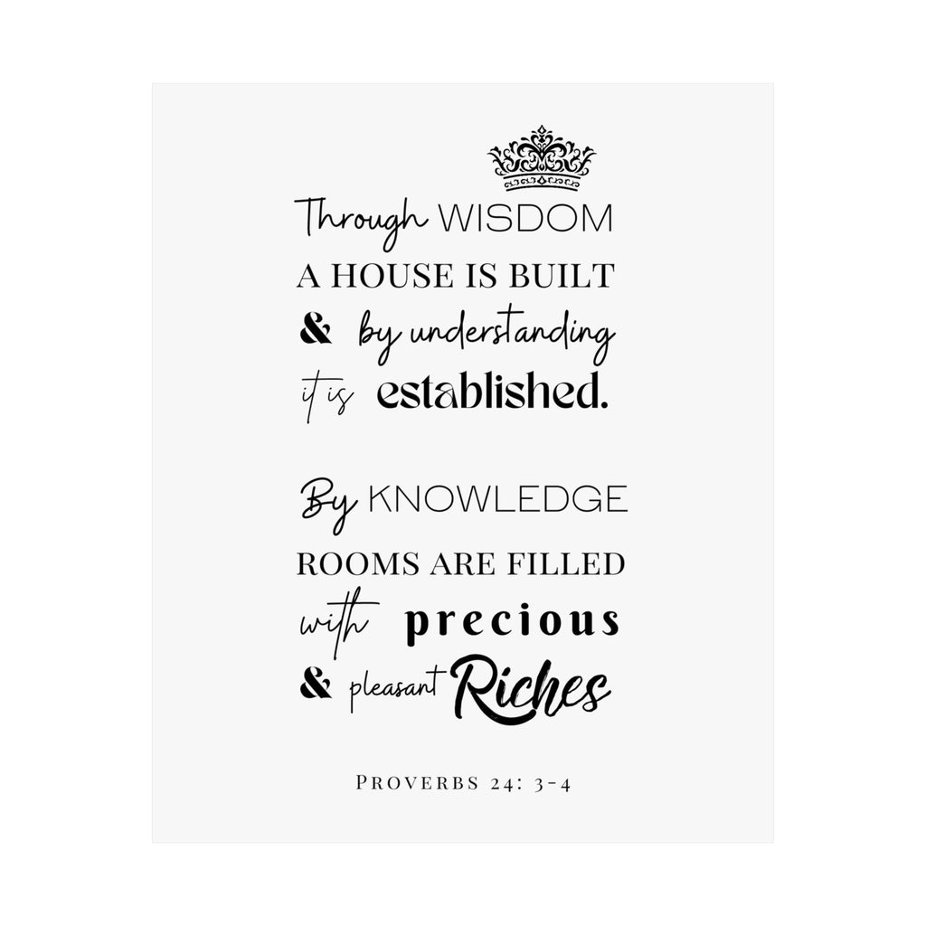 Proverbs 24:3-4 Scripture Wall Art Poster — "Through Wisdom..." Matte Vertical Print