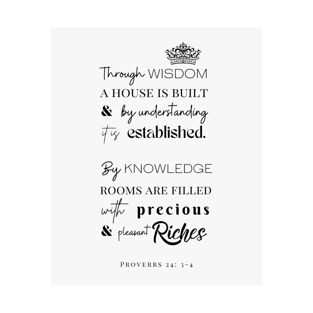 Proverbs 24:3-4 Scripture Wall Art Poster — "Through Wisdom..." Matte Vertical Print