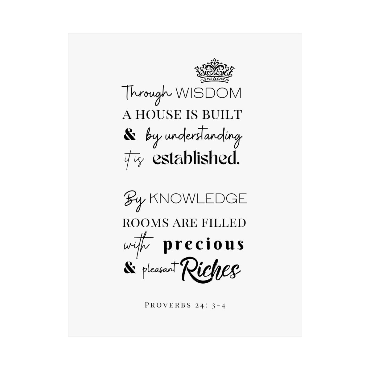 Proverbs 24:3-4 Scripture Wall Art Poster — "Through Wisdom..." Matte Vertical Print