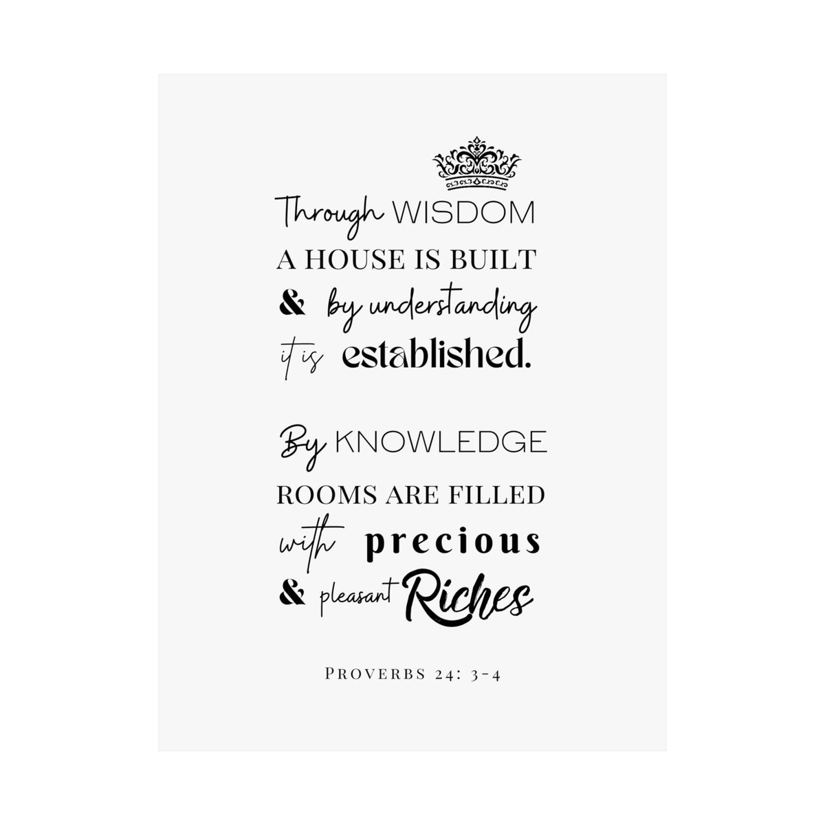 Proverbs 24:3-4 Scripture Wall Art Poster — "Through Wisdom..." Matte Vertical Print
