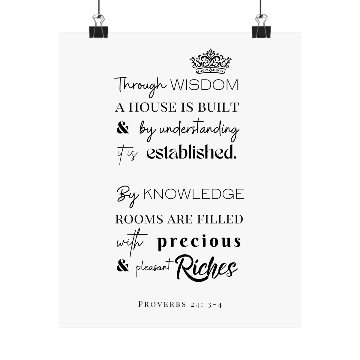 Proverbs 24:3-4 Scripture Wall Art Poster — "Through Wisdom..." Matte Vertical Print