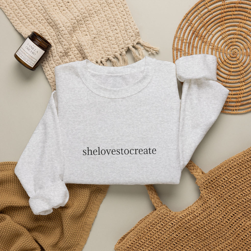 shelovestocreate script logo Sweatshirt | minimalist typography, white crewneck