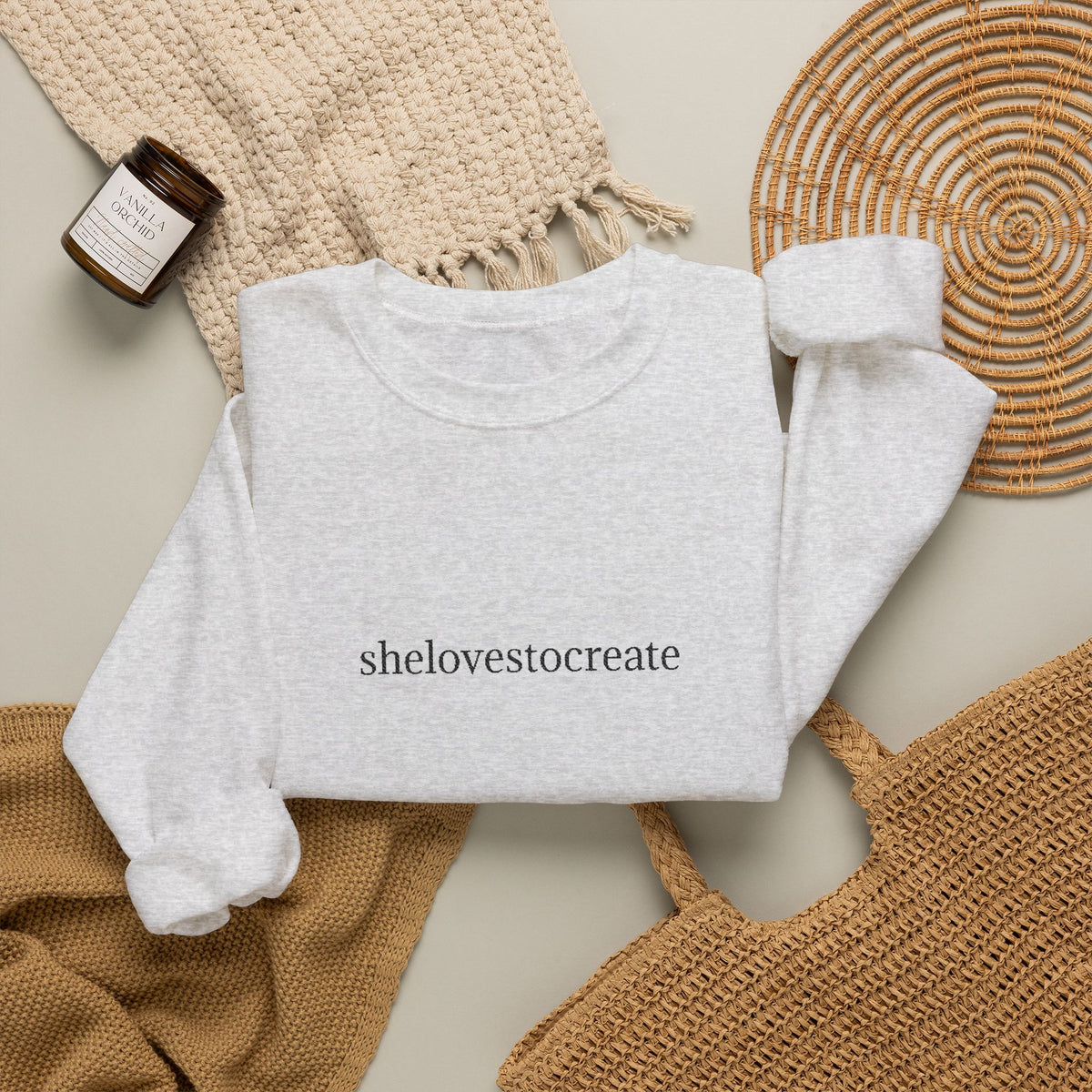 shelovestocreate script logo Sweatshirt | minimalist typography, white crewneck