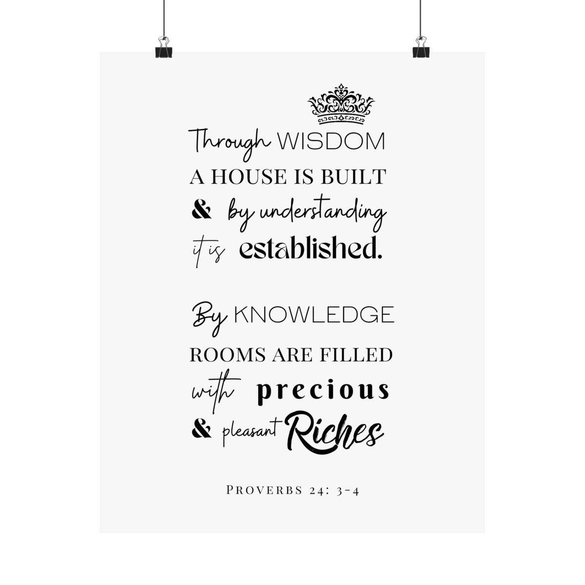 Proverbs 24:3-4 Scripture Wall Art Poster — "Through Wisdom..." Matte Vertical Print
