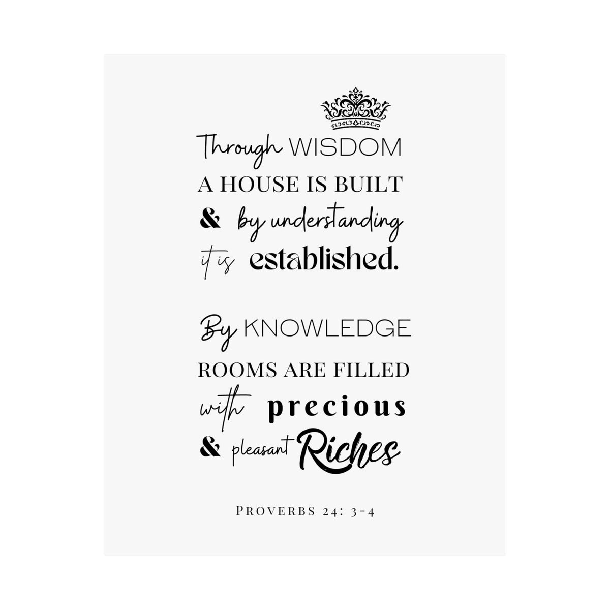 Proverbs 24:3-4 Scripture Wall Art Poster — "Through Wisdom..." Matte Vertical Print