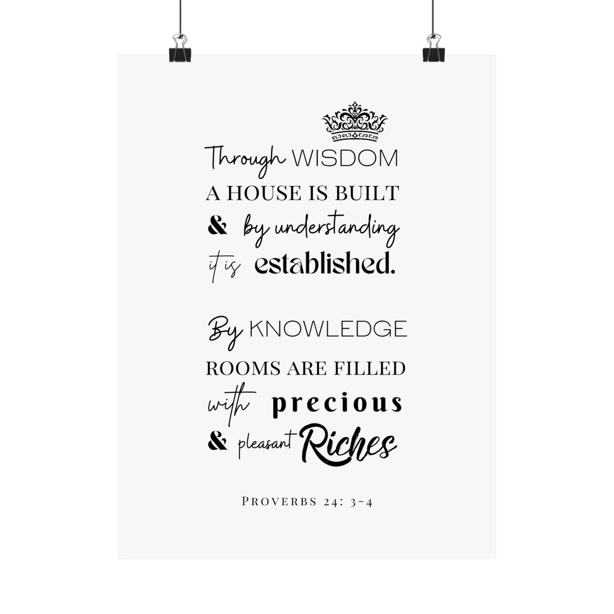Proverbs 24:3-4 Scripture Wall Art Poster — "Through Wisdom..." Matte Vertical Print
