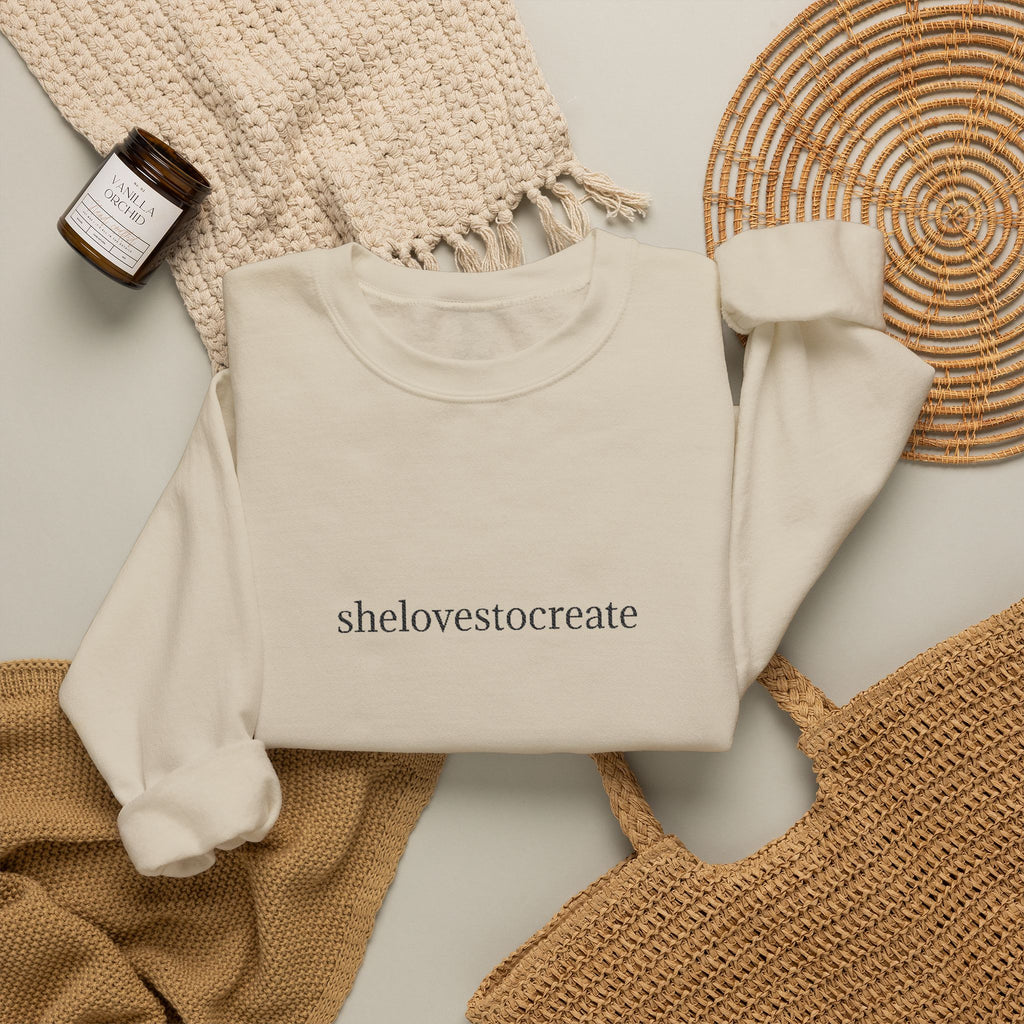 shelovestocreate script logo Sweatshirt | minimalist typography, white crewneck