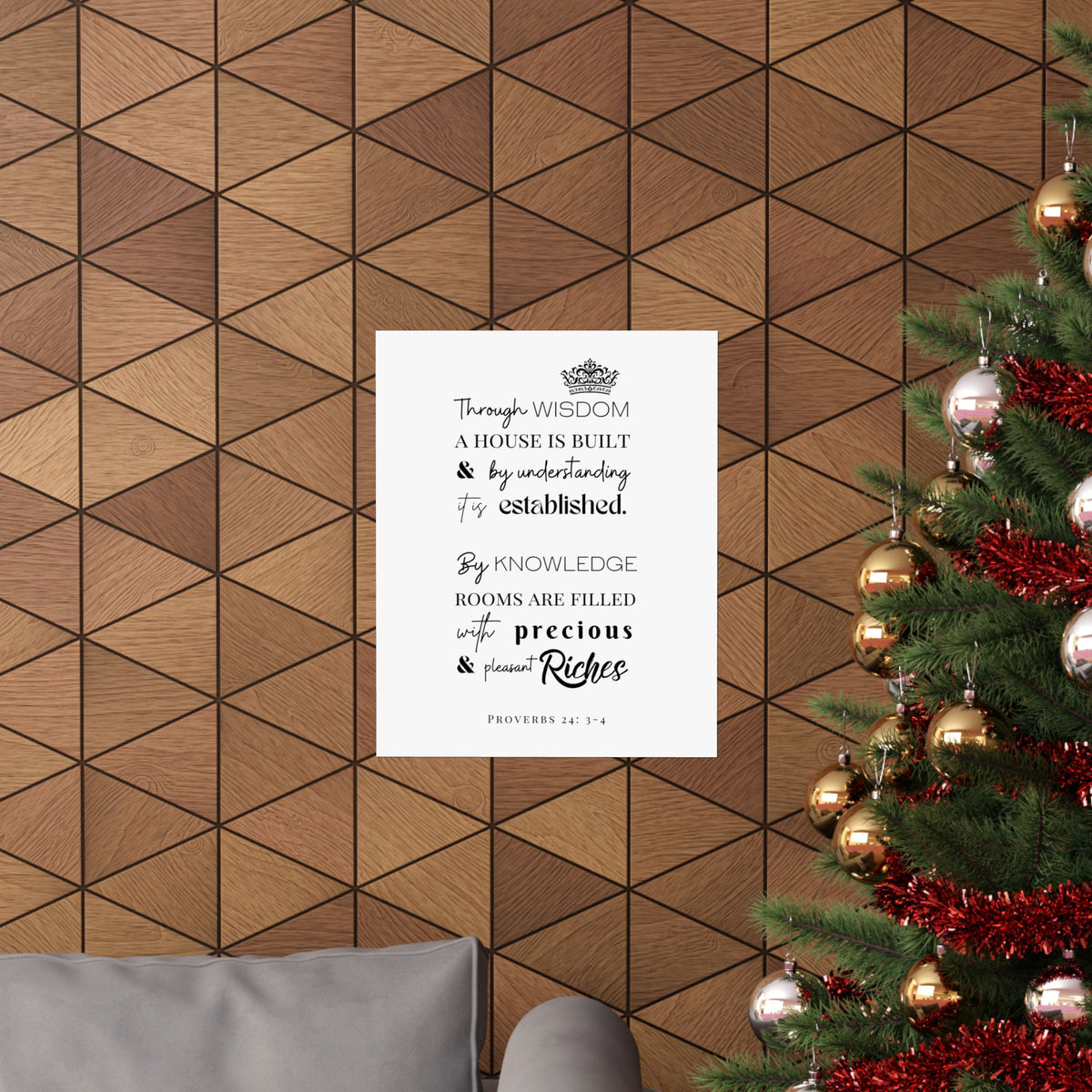 Proverbs 24:3-4 Scripture Wall Art Poster — "Through Wisdom..." Matte Vertical Print