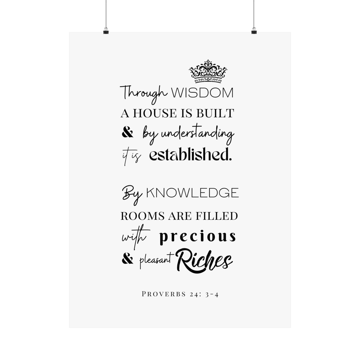 Proverbs 24:3-4 Scripture Wall Art Poster — "Through Wisdom..." Matte Vertical Print