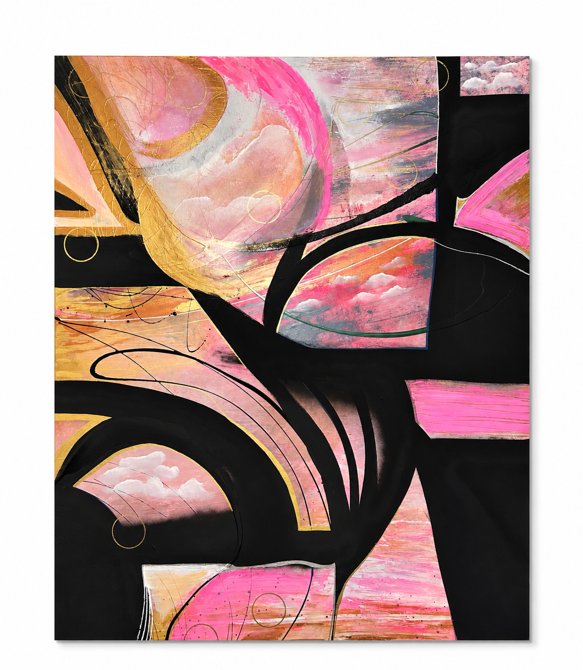 An abstract canvas painting featuring a dynamic composition of black geometric shapes, sweeping black lines, and sections of pink, peach, gold, and white textured clouds, shown against a plain white background.